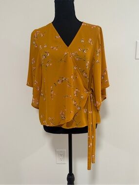 Express Mustard Floral Kimono Wrap Blouse XS Pink Flower Tie Waist V Neck Top